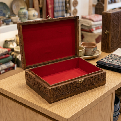 Carved Wooden Jewellery Box with Red Lining | Happy Gift