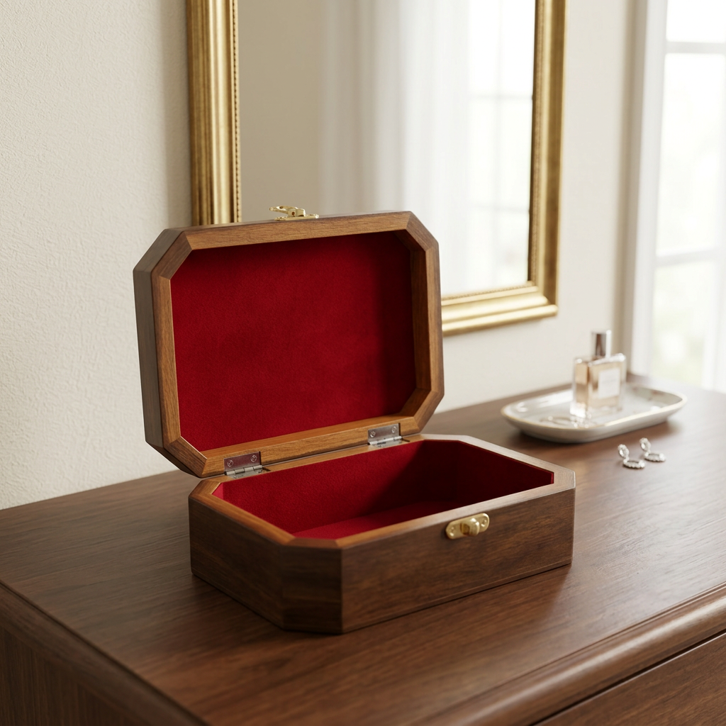 Carved Wooden Jewelry Box with Red Lining | Happy Gift