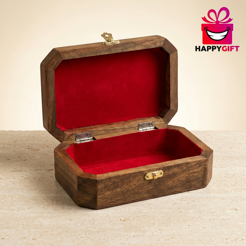 Carved Wooden Jewelry Box with Red Lining | Happy Gift