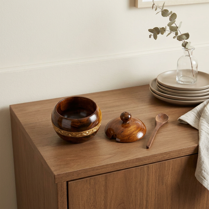 Wooden Pot with Lid & Spoon for Kitchen Décor | Happy Gift