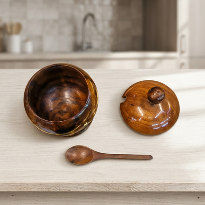 Wooden Pot with Lid & Spoon for Kitchen Décor | Happy Gift