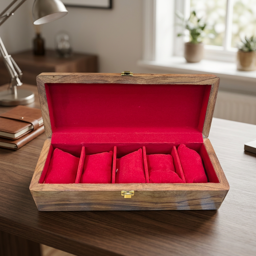 Wooden Watch Box with 5 Slots & Red Lining | Happy Gift