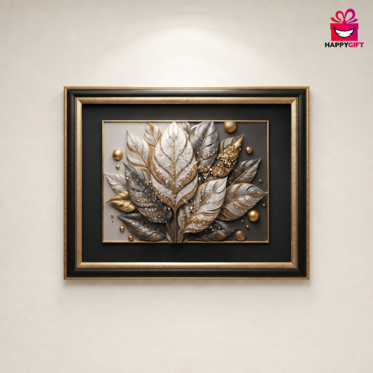 "Opulent Feathers: A Metallic Treasure" - Framed 3D Wall Art | HappyGift Home Decor