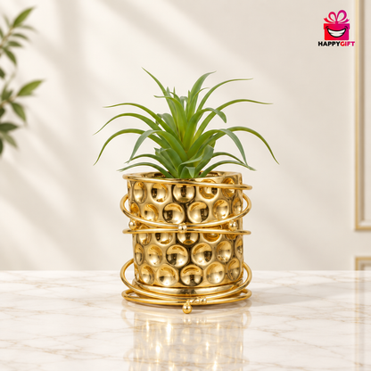 Opulent Gold Dimpled Planter with Intertwined Rings - Elegant Home Decor | HappyGift