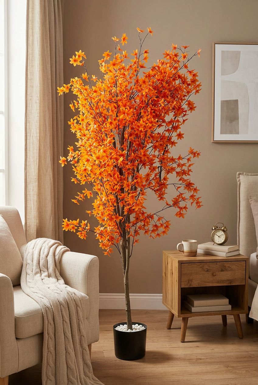 Artificial Orange Maple Leaf Tree in Black Pot | Happy Gift HEIGHT 6 FT