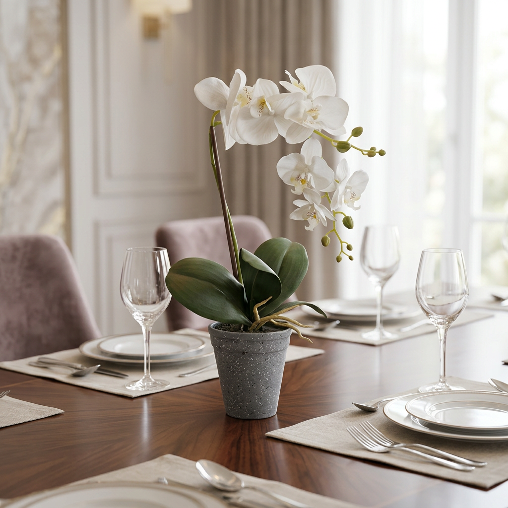 Artificial White Phalaenopsis Orchid in Grey Speckled Pot | Happy Gift