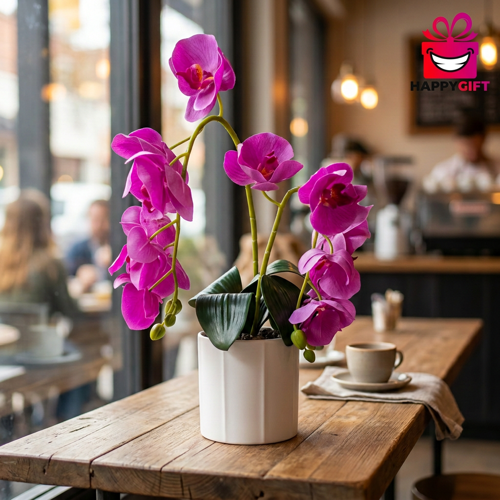 Purple Artificial Orchid Arrangement in White Pot | Happy Gift