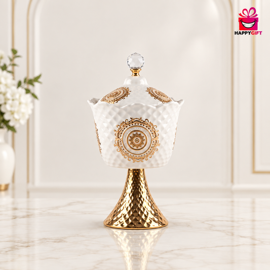 Ornate White & Gold Pedestal Jar with Crystal Finial - Elegant Home Decor | HappyGift
