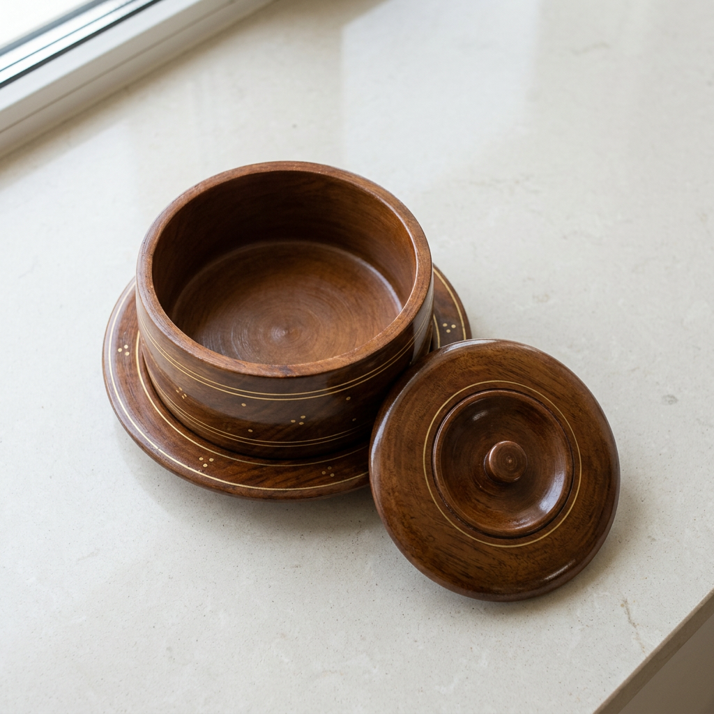 Round Wooden Container with Lid & Matching Plate | Happy Gift