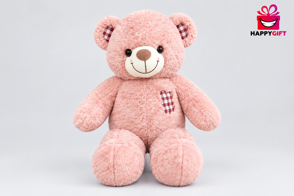 60CM Pink Teddy Bear with Checked Ears & Heart Detail | Happy Gift
