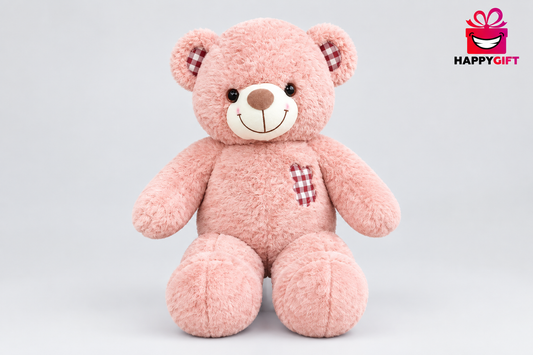 60CM Pink Teddy Bear with Checked Ears & Heart Detail | Happy Gift