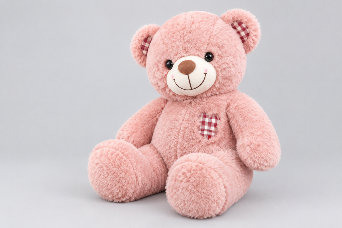 60CM Pink Teddy Bear with Checked Ears & Heart Detail | Happy Gift