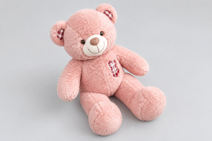 60CM Pink Teddy Bear with Checked Ears & Heart Detail | Happy Gift
