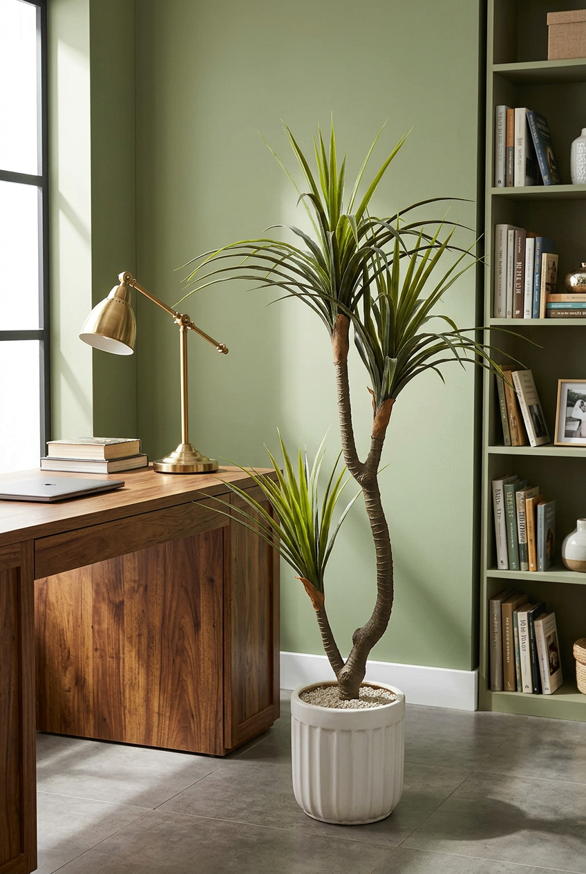 Artificial Dracaena Plant in White Ribbed Pot | Happy Gift HEIGHT 5 FT