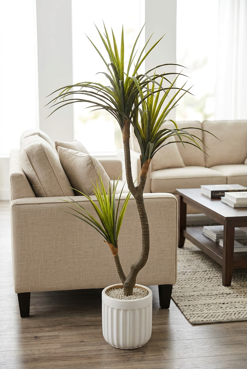 Artificial Dracaena Plant in White Ribbed Pot | Happy Gift HEIGHT 5 FT