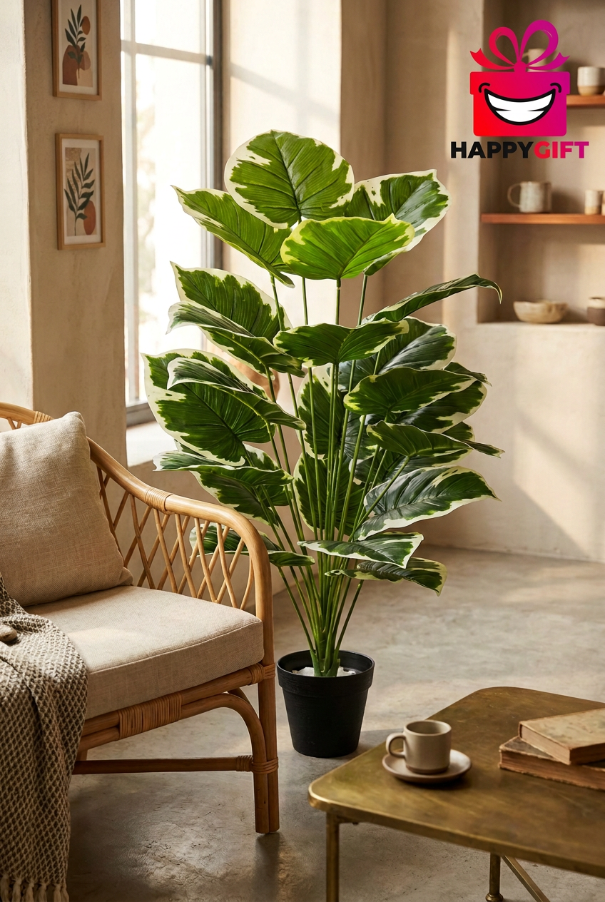 Artificial Green & White Leaf Plant in Black Pot | Happy Gift HEIGHT 3 FT