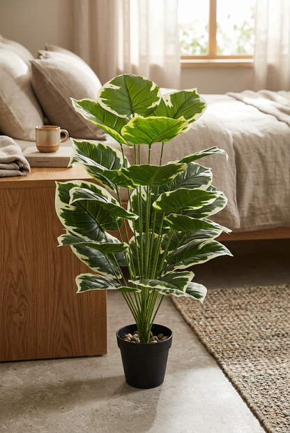 Artificial Green & White Leaf Plant in Black Pot | Happy Gift HEIGHT 3 FT