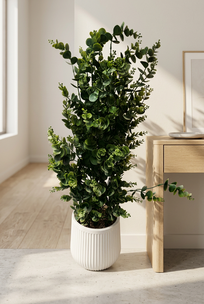 Artificial Green Leaf Plant in White Ribbed Pot | Happy Gift HEIGHT 3FT