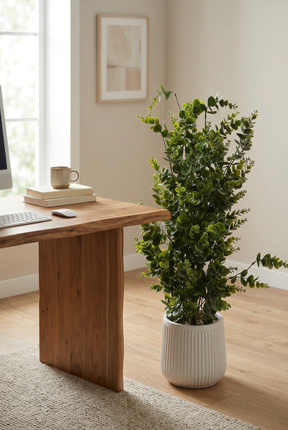 Artificial Green Leaf Plant in White Ribbed Pot | Happy Gift HEIGHT 3FT
