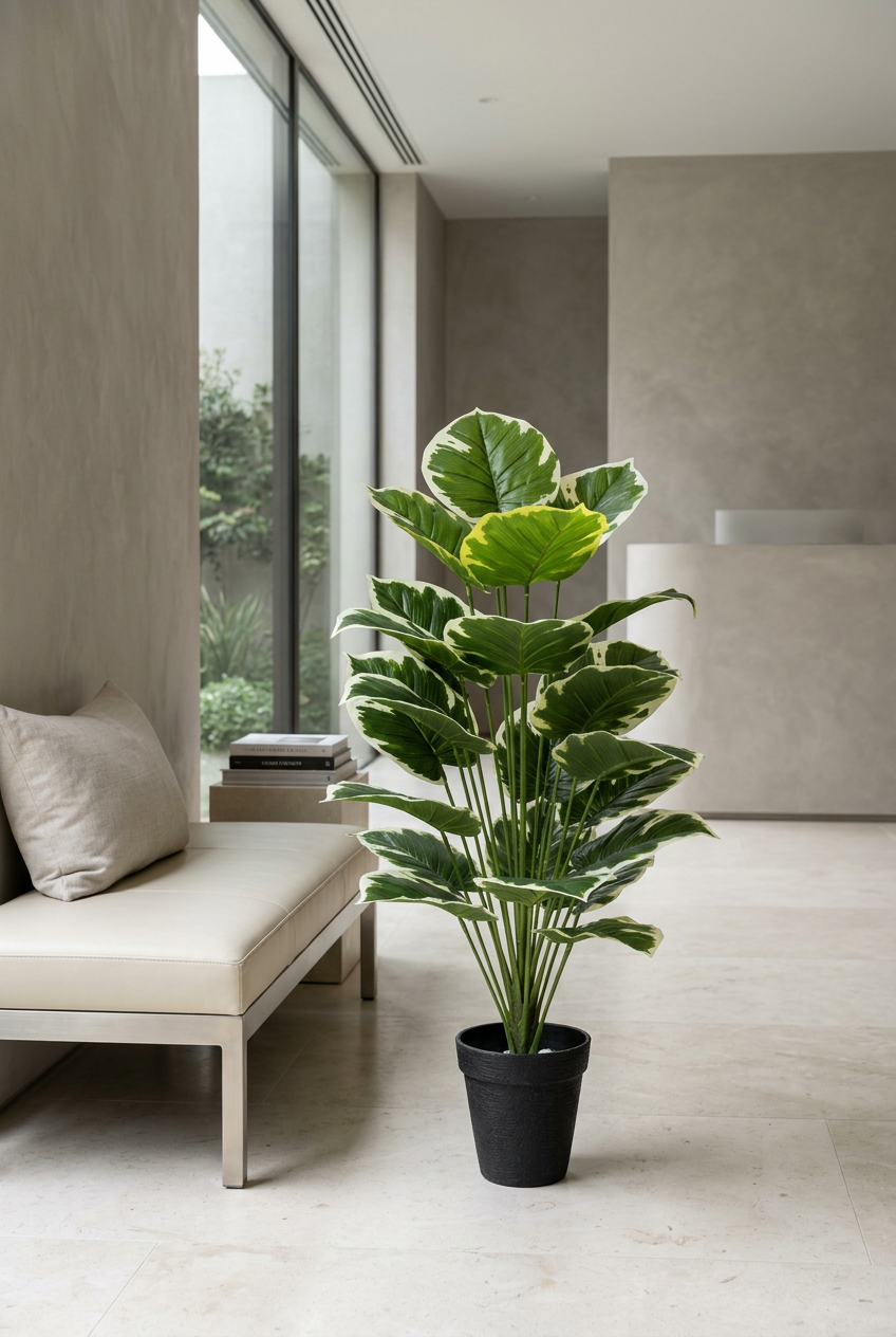 Artificial Green & White Leaf Plant in Black Pot | Happy Gift HEIGHT 3 FT