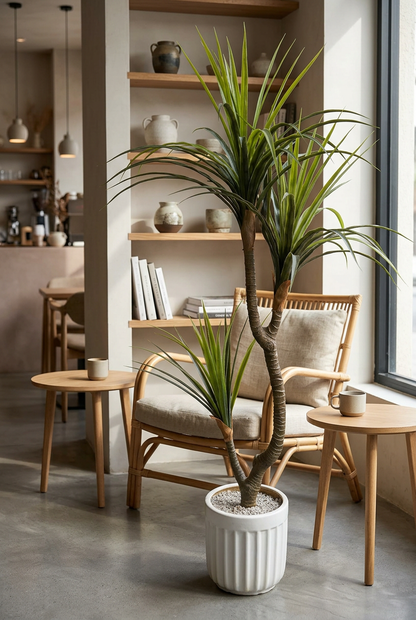 Artificial Dracaena Plant in White Ribbed Pot | Happy Gift HEIGHT 5 FT