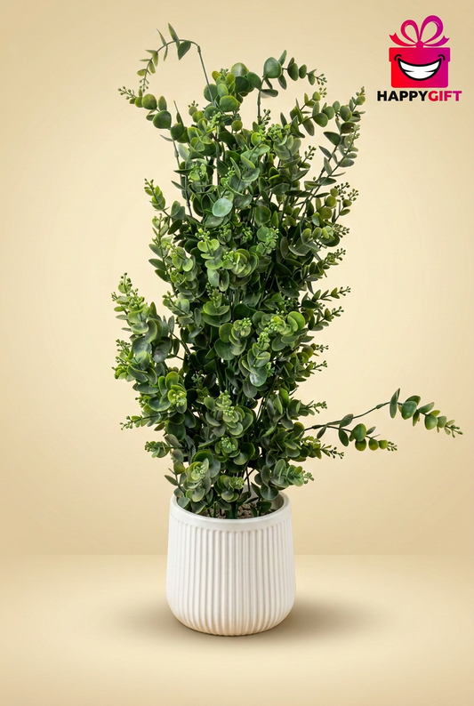 Artificial Green Leaf Plant in White Ribbed Pot | Happy Gift HEIGHT 3FT