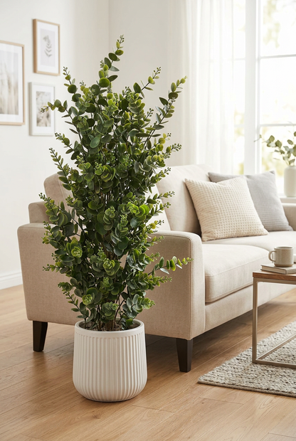Artificial Green Leaf Plant in White Ribbed Pot | Happy Gift HEIGHT 3FT