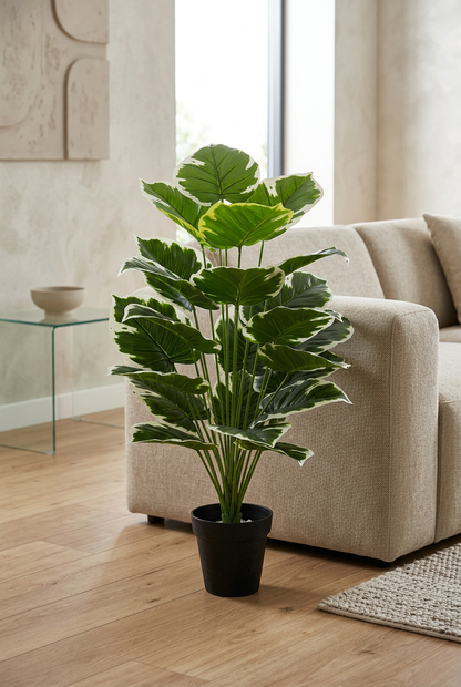 Artificial Green & White Leaf Plant in Black Pot | Happy Gift HEIGHT 3 FT