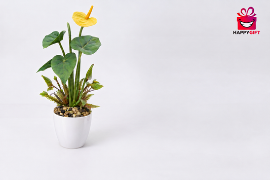Potted Faux Yellow Anthurium Flower – Gloss White Pot Tabletop Plant