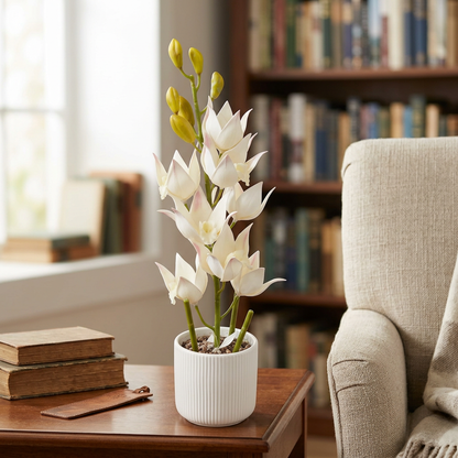 Title: White Artificial Flower Arrangement in Ribbed Pot | Happy Gift