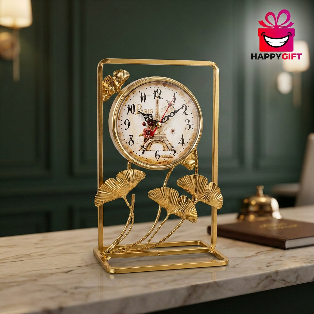 Gold Ginkgo Leaf Table Clock with Paris Dial | Happy Gift