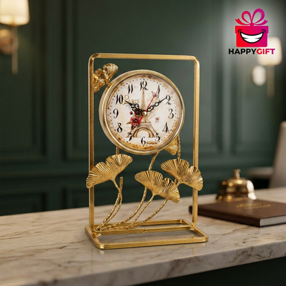 Gold Ginkgo Leaf Table Clock with Paris Dial | Happy Gift