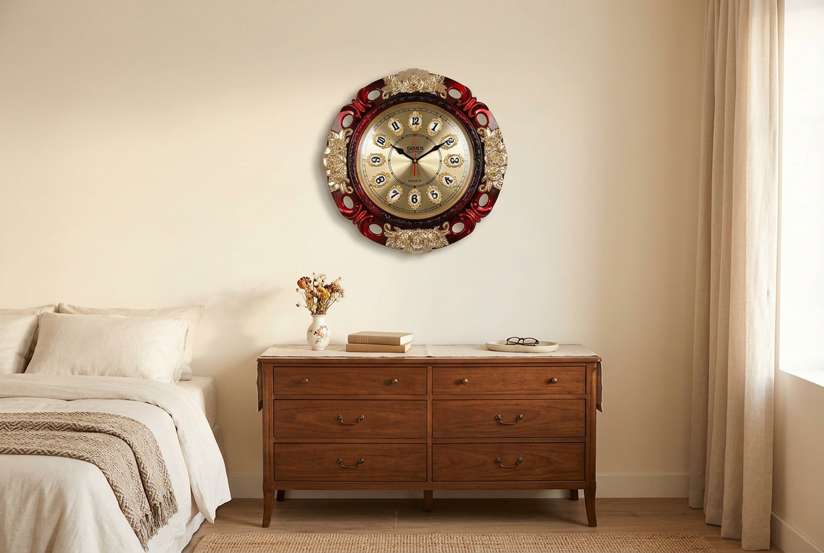 Red & Gold Floral Wall Clock – Decorative Home Décor | Happy Gift