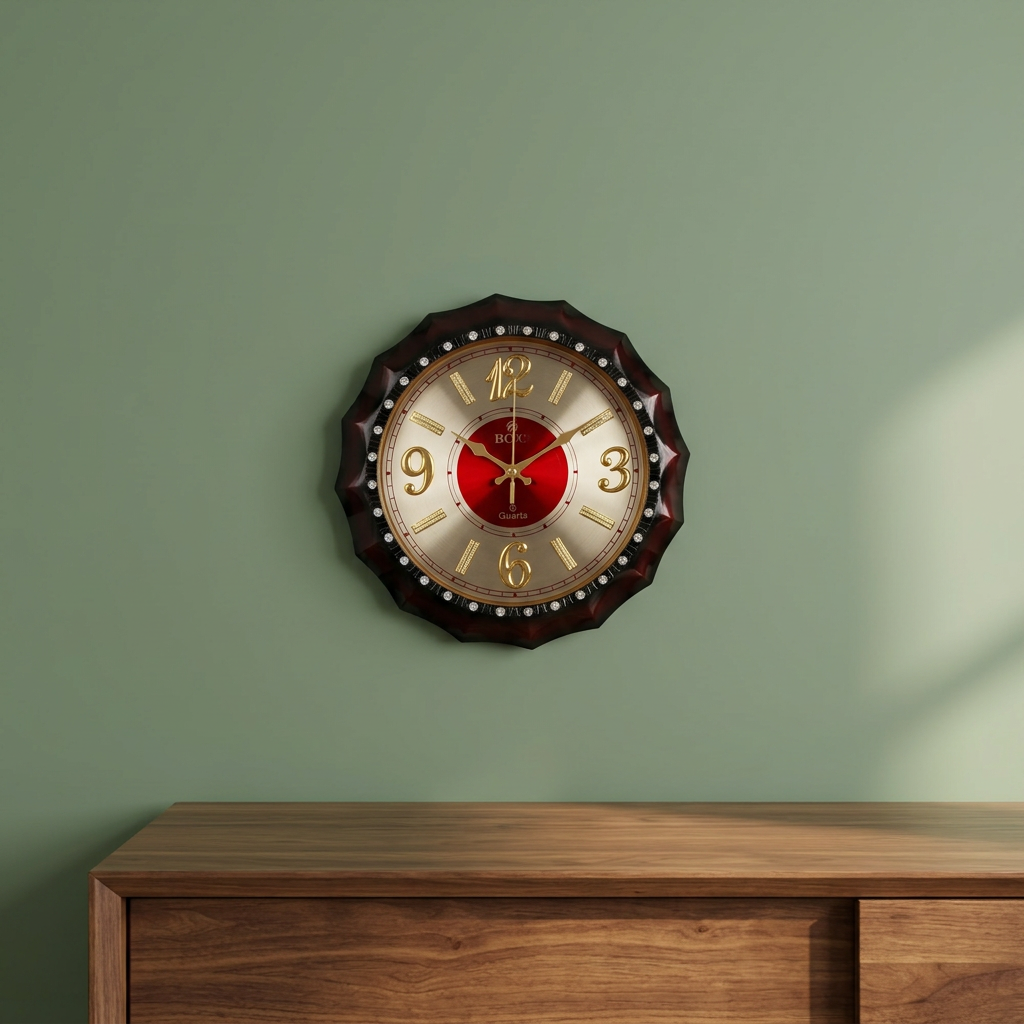Decorative Wall Clock with Red Dial and Gold-Tone Numerals – Happy Gift