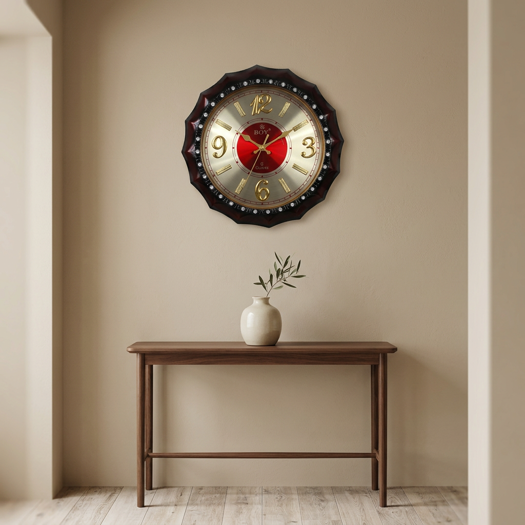 Decorative Wall Clock with Red Dial and Gold-Tone Numerals – Happy Gift