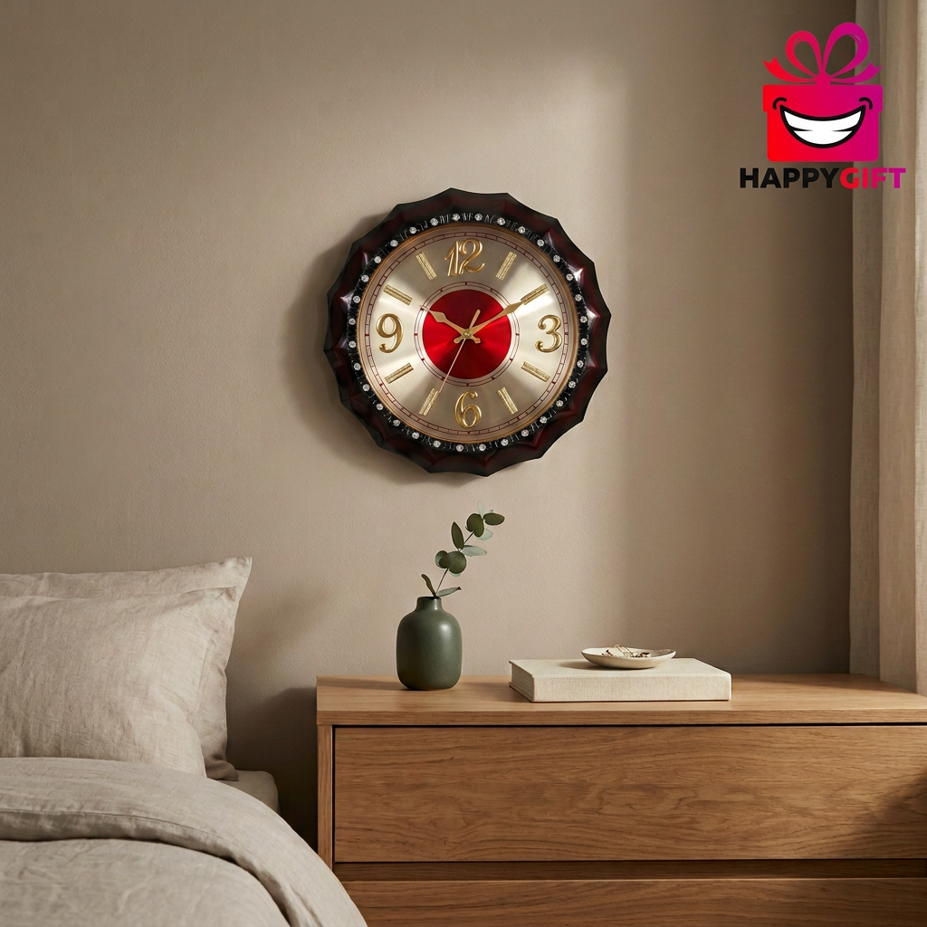 Decorative Wall Clock with Red Dial and Gold-Tone Numerals – Happy Gift