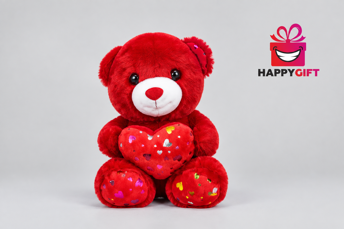25CM Red Teddy Bear with Heart – Soft Plush Gift | Happy Gift
