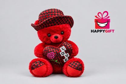 50CM Red Teddy Bear with Checkered Hat and Love Heart | Happy Gift