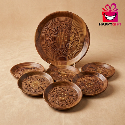 Carved Wooden Plate Set – 1 Large & 6 Small | Happy Gift