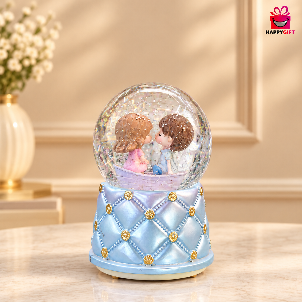 Romantic Couple in Boat Glass Snow Globe – Pastel Blue Tufted Base Decor