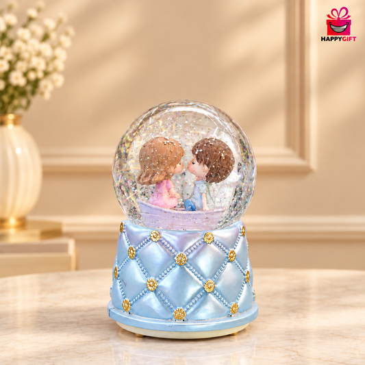 Romantic Couple in Boat Glass Snow Globe – Pastel Blue Tufted Base Decor