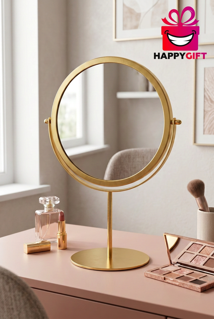 Round Gold Tabletop Vanity Mirror with Stand | Happy Gift