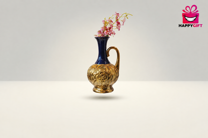 Vintage Royal Blue & Gold Ceramic Pitcher Vase – High-Gloss Floral Showpiece