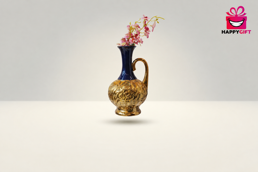 Vintage Royal Blue & Gold Ceramic Pitcher Vase – High-Gloss Floral Showpiece
