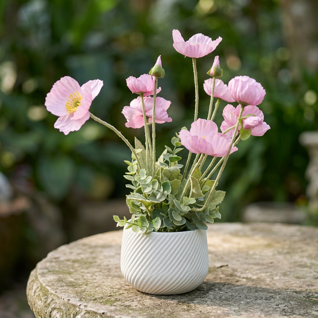 Pink Artificial Poppy Flower Arrangement in White Pot | Happy Gift