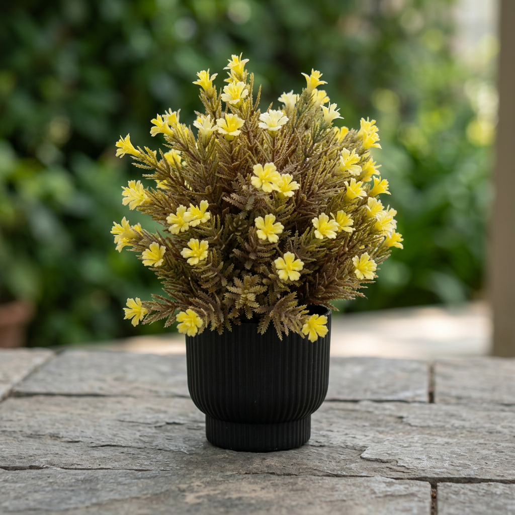 Yellow Artificial Flower Arrangement in Black Ribbed Pot | Happy Gift