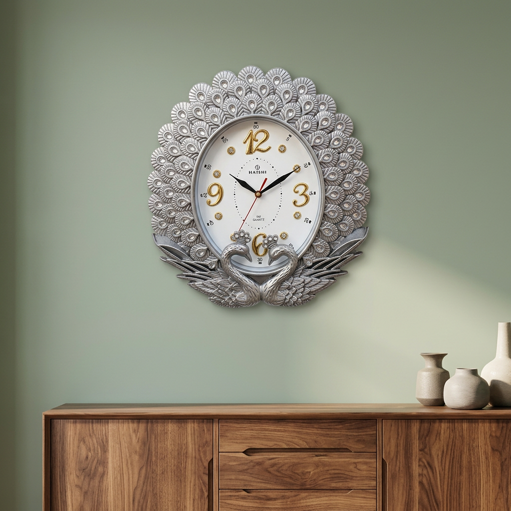 Silver Peacock Wall Clock with Gold Accents – Happy Gift