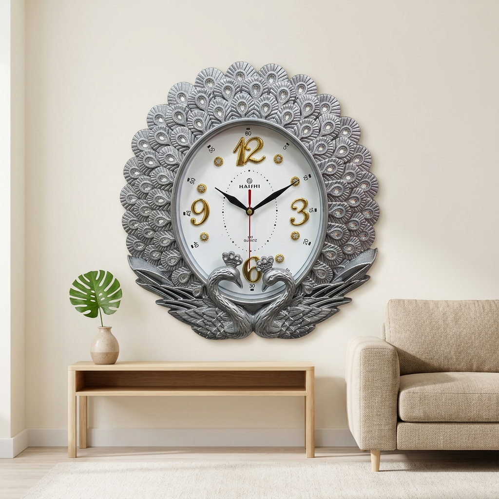 Silver Peacock Wall Clock with Gold Accents – Happy Gift