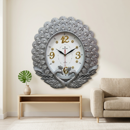 Silver Peacock Wall Clock with Gold Accents – Happy Gift
