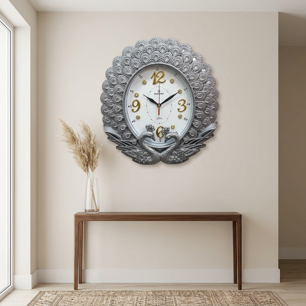 Silver Peacock Wall Clock with Gold Accents – Happy Gift